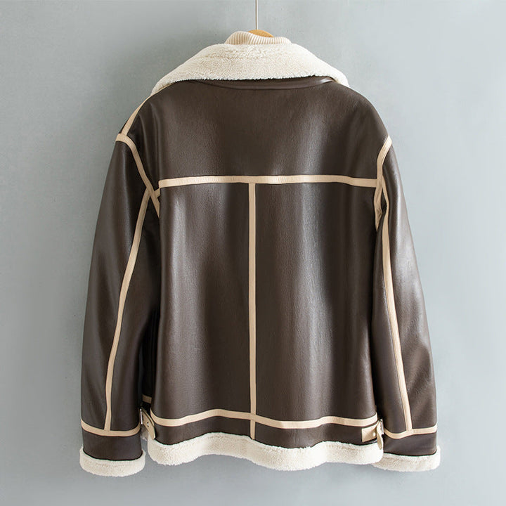 Warm Unisex Jacket - Shearling-Lined Faux Leather, Biker Style, Zip Front, For Winter Wear