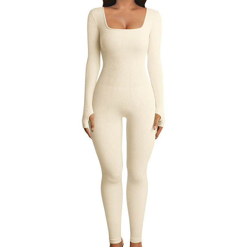 Stretchy Flattering Women’s Jumpsuit – Long Sleeve Square Neck, Ribbed Nylon-Spandex, Seamless Yoga Athleisure