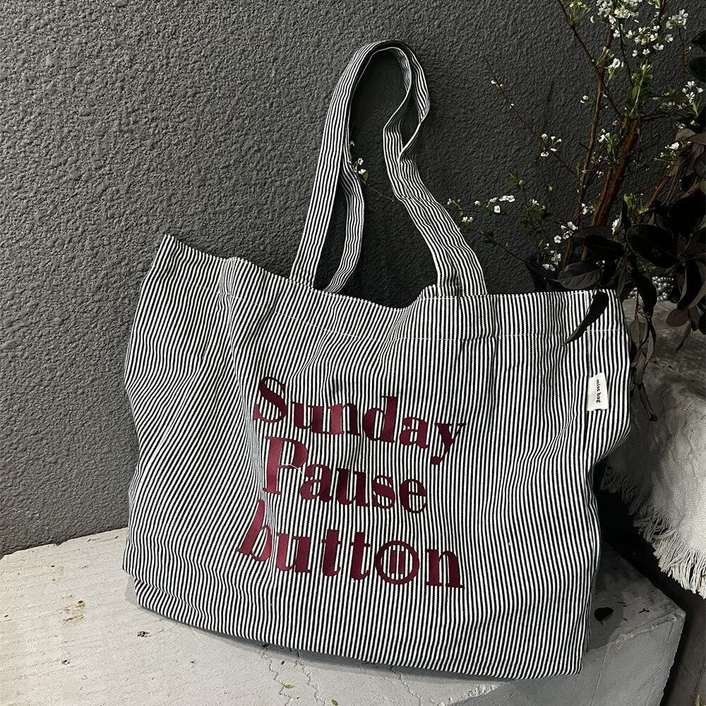 Oversized Unisex Tote Bag - striped, canvas, versatile everyday use for shopping and travel