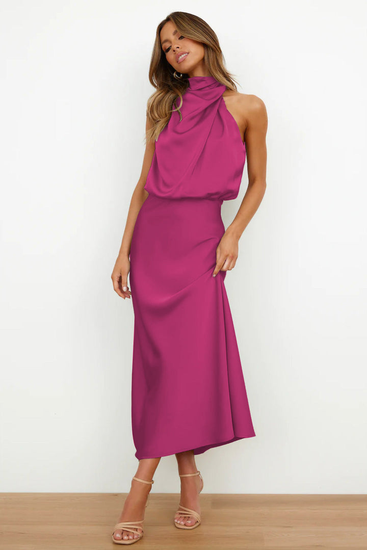 Long Satin Halterneck Formal Dress for Weddings and Elegant Occasions, Full-Length Evening Gown