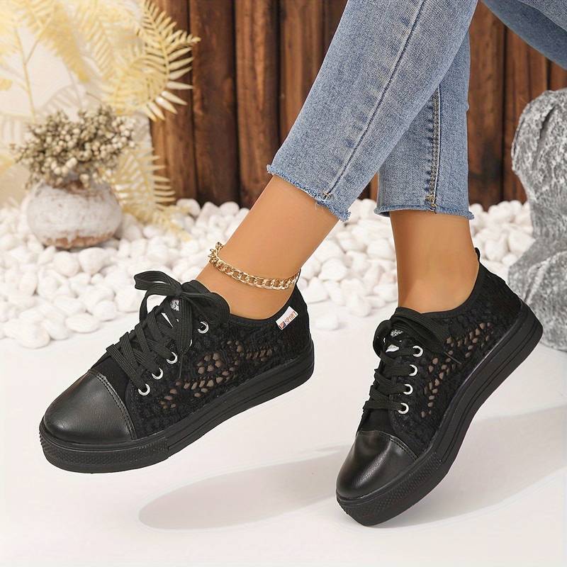 Chic Lace Sneakers for Women, Breathable and Comfortable Design in Black and White, Padded Interior for All-Day Support