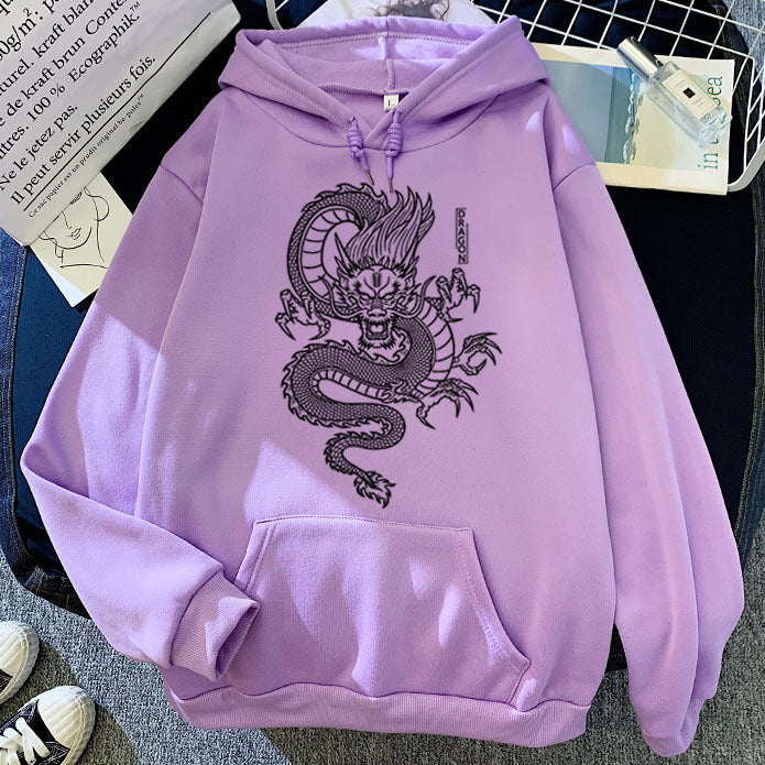 Warm Men’s Hoodie - Dragon Print Pullover, Polyester Casual