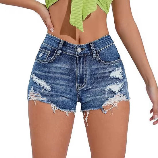 Durable Women’s Denim Shorts - High-Rise, Distressed, Raw-Edge, Denim, Casual Wear