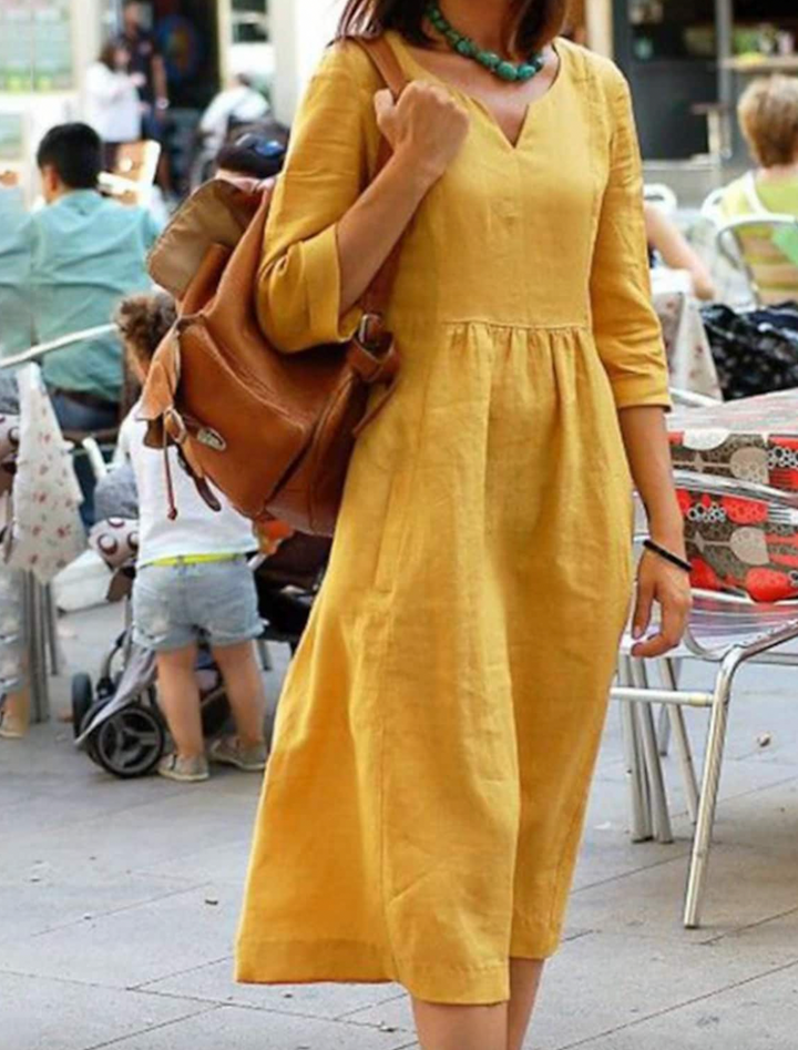 Womens Dress with 3/4 Sleeves, Flattering Fit, Comfortable Natural Fabric, Available in Multiple Colors