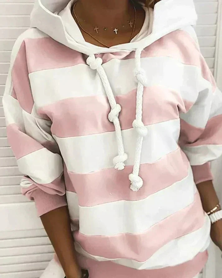 Soft Women’s Hooded Pullover - Striped Relaxed Cotton, Casual