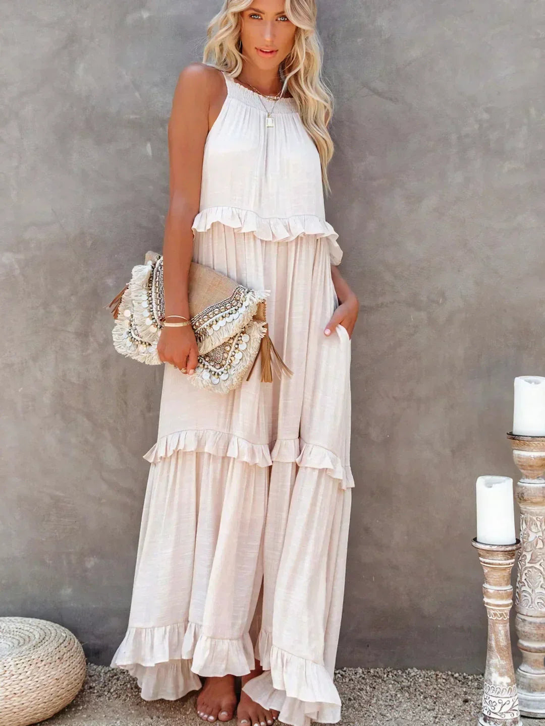 Elegant Halter Ruffle Floral Maxi Dress for Women, Lightweight Bohemian Long Dress, Flowing Fit
