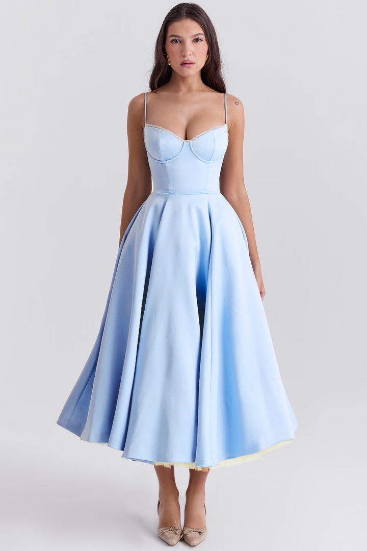 Elegant White Midi Dress with Spaghetti Straps and Tulle Skirt for Women - Perfect for Special Occasions