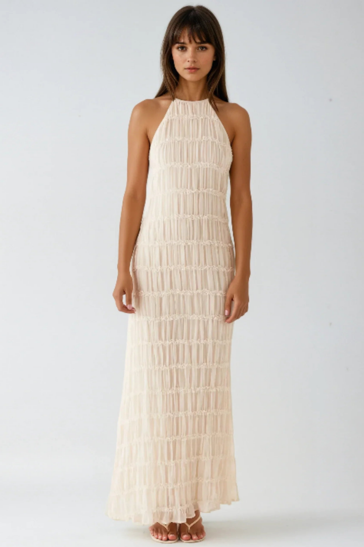 Ethereal Halter Maxi Dress in Soft Nude with Pleated Layers - Elegant Long Dress for Women, Full-Length Design