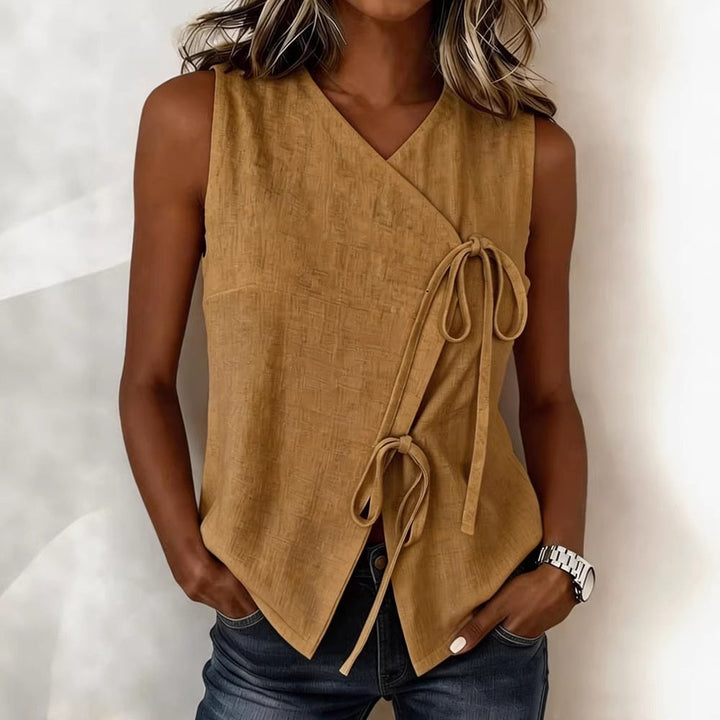 Breathable Women’s Sleeveless Top – Bow-Tied V-Neck, Cotton and Linen, Casual Wear