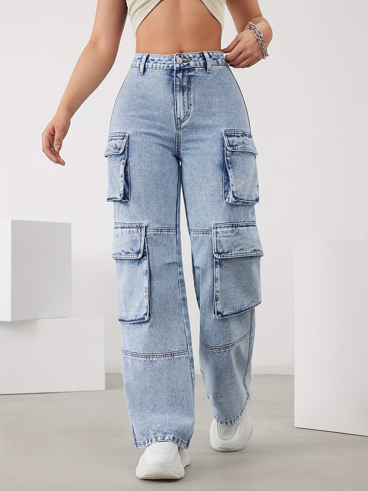 High-Waist Cargo Trousers for Women in Medium Blue, Stretch Fabric, Straight-Leg Fit, Stylish Snowflake Design