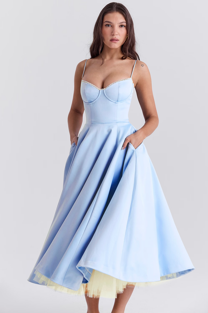 Elegant White Midi Dress with Spaghetti Straps and Tulle Skirt for Women - Perfect for Special Occasions