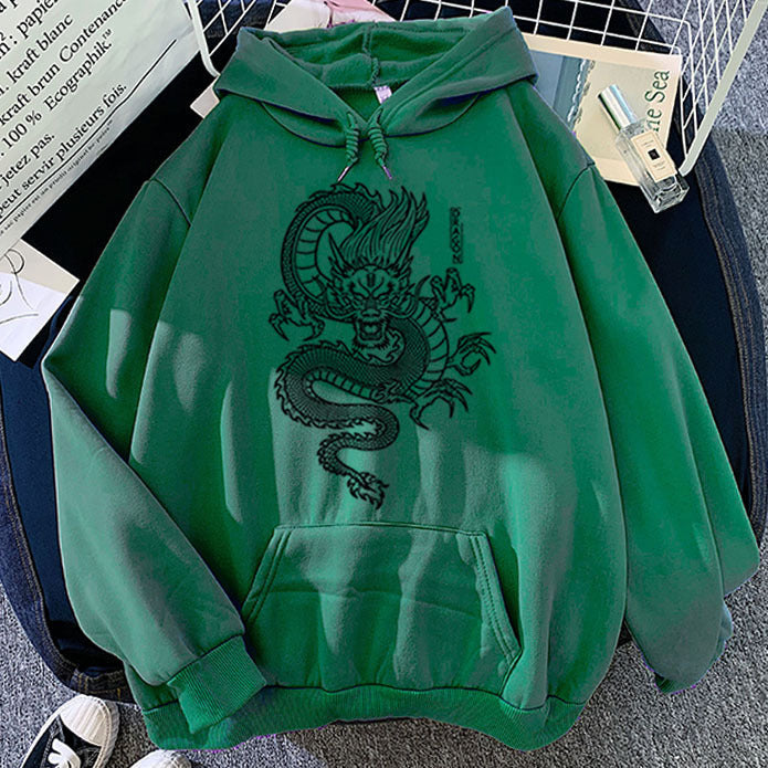 Warm Men’s Hoodie - Dragon Print Pullover, Polyester Casual