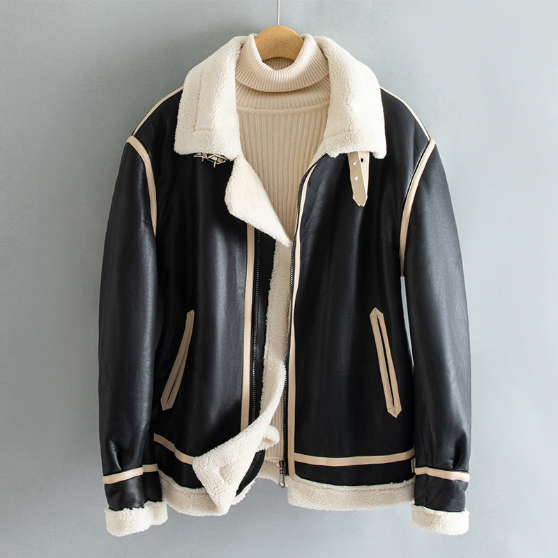Warm Unisex Jacket - Shearling-Lined Faux Leather, Biker Style, Zip Front, For Winter Wear