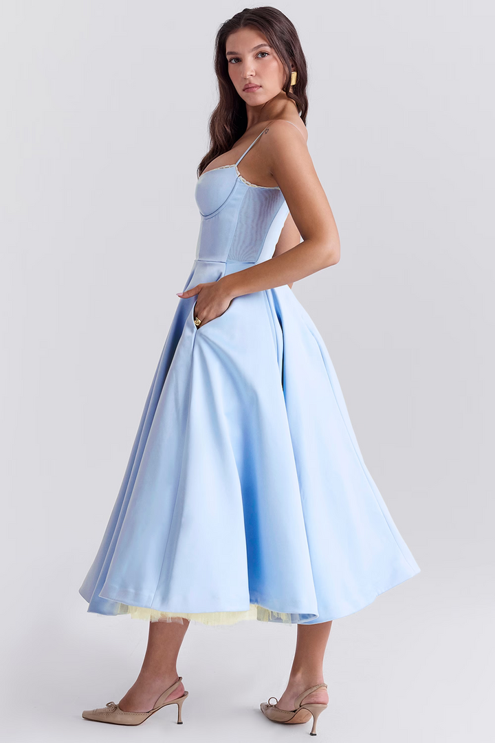 Elegant White Midi Dress with Spaghetti Straps and Tulle Skirt for Women - Perfect for Special Occasions
