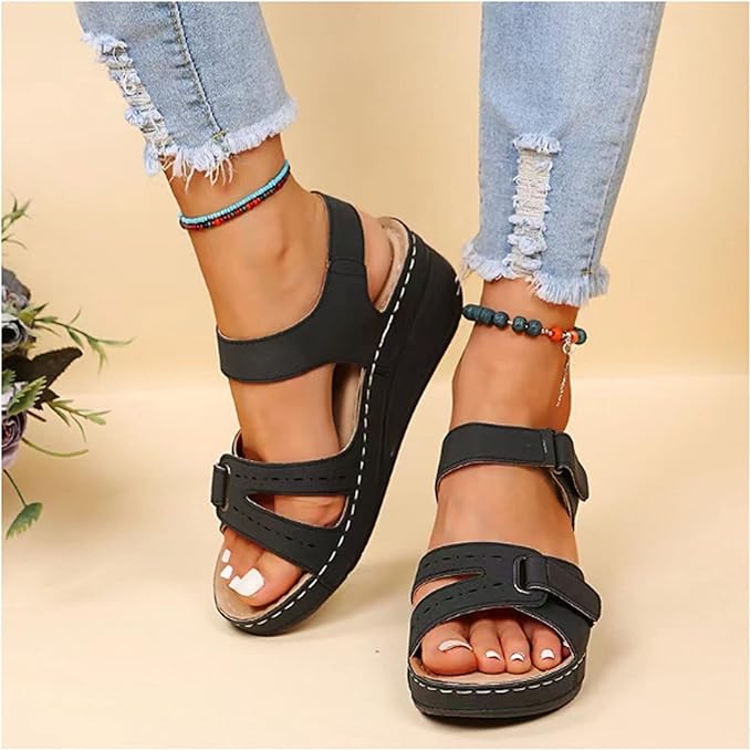 Supportive Orthopedic Sandals for Women – Gel Cushion, Adjustable Fit – Black