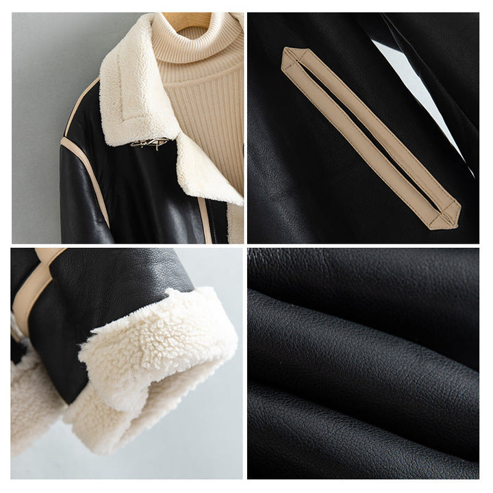 Warm Unisex Jacket - Shearling-Lined Faux Leather, Biker Style, Zip Front, For Winter Wear