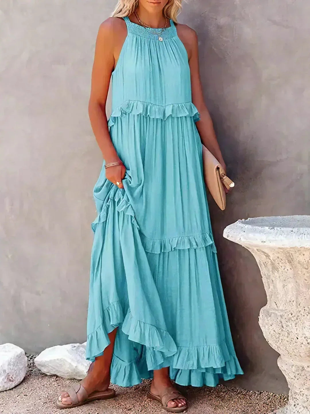 Elegant Halter Ruffle Floral Maxi Dress for Women, Lightweight Bohemian Long Dress, Flowing Fit