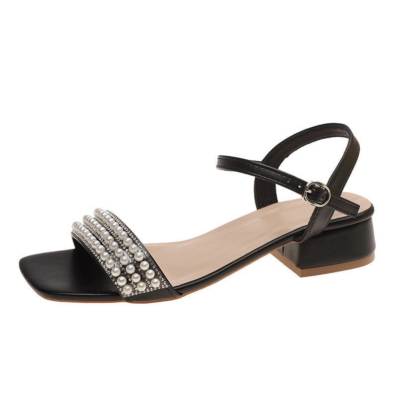 Lightweight Women’s Sandals - Mid-Heel Square Toe, Pearl-Embellished Straps, PU, For Summer