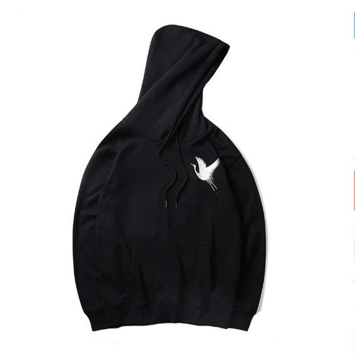 Oversized relaxed hoodie - embroidered crane, cotton blend