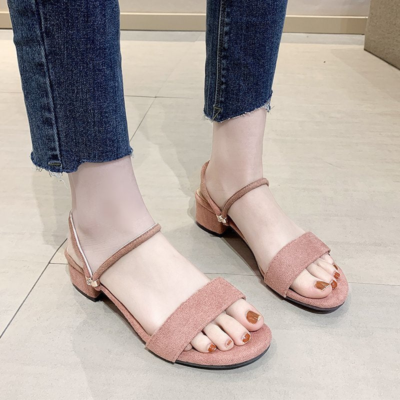 Lightweight women’s sandals - Korean-style low-heeled peep-toe, fabric upper, for casual everyday wear