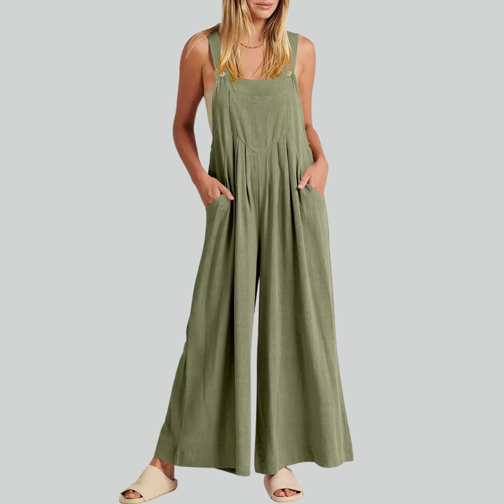 Plus Size Vintage Cotton Linen Wide Leg Overalls Jumpsuit with Pockets