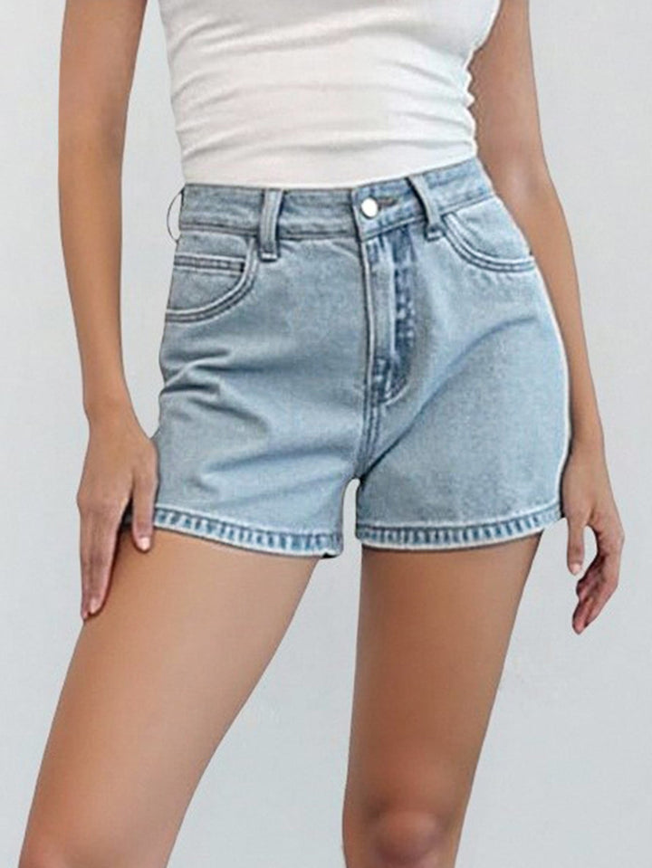 Stretchy Women’s Denim Shorts - High-Waist, Denim, Distressed Washed, Casual Everyday Wear