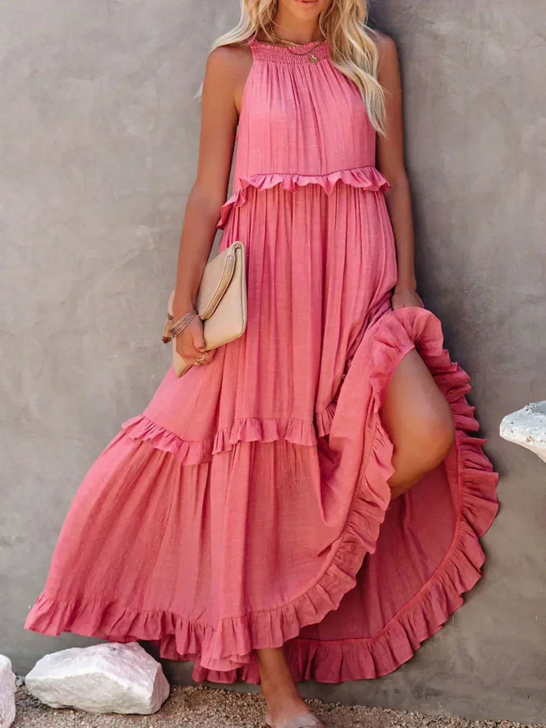 Elegant Halter Ruffle Floral Maxi Dress for Women, Lightweight Bohemian Long Dress, Flowing Fit