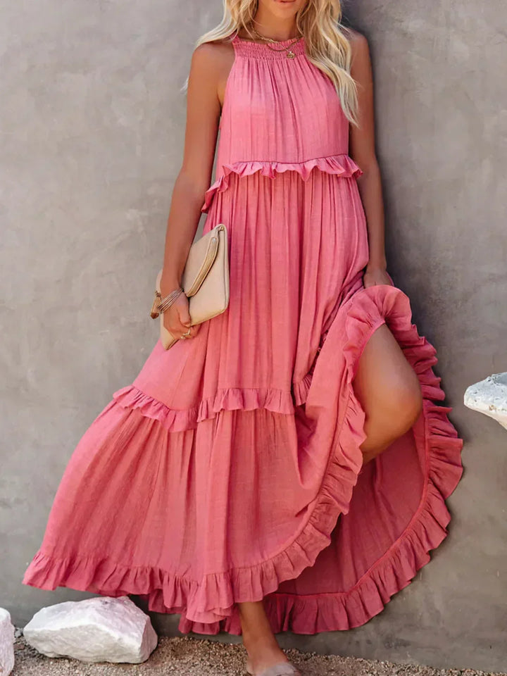 Elegant Halter Ruffle Floral Maxi Dress for Women, Lightweight Bohemian Long Dress, Flowing Fit