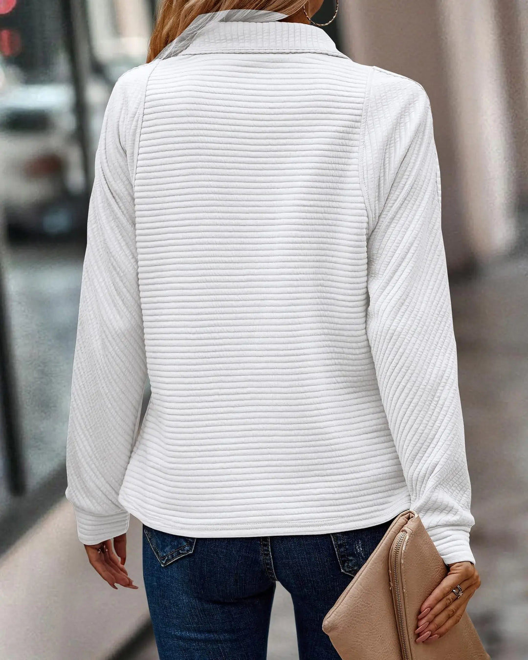 Soft Relaxed Womens Pullover - Ribbed Zip, Polyester, Casual