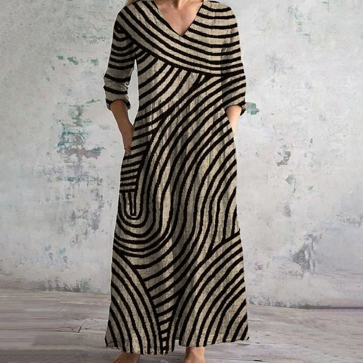 Vintage Stripe Dress with V-Neck, Ankle-Length, Functional Pockets, Lightweight Fabric