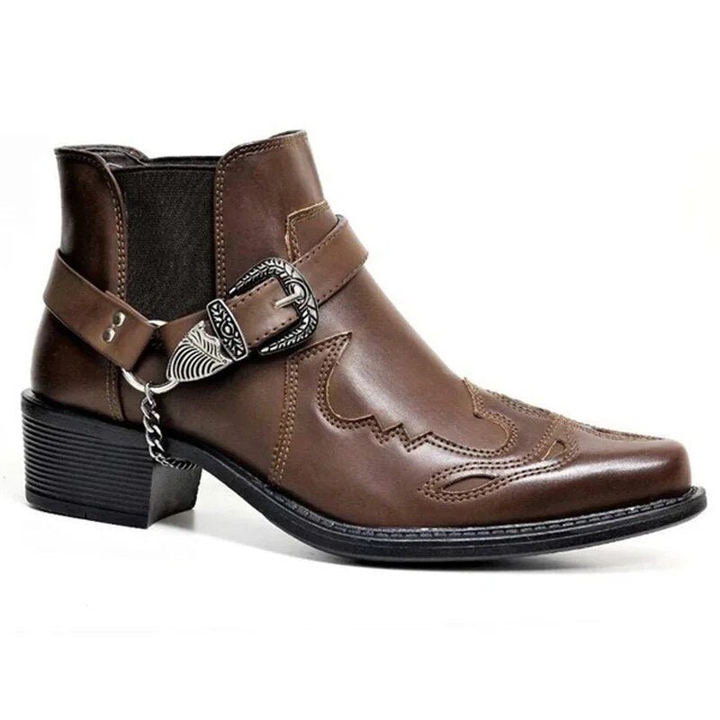 Handmade Leather Cowboy Boots for Men with Chain Buckle, Durable Motorcycle Style, Comfortable Fit