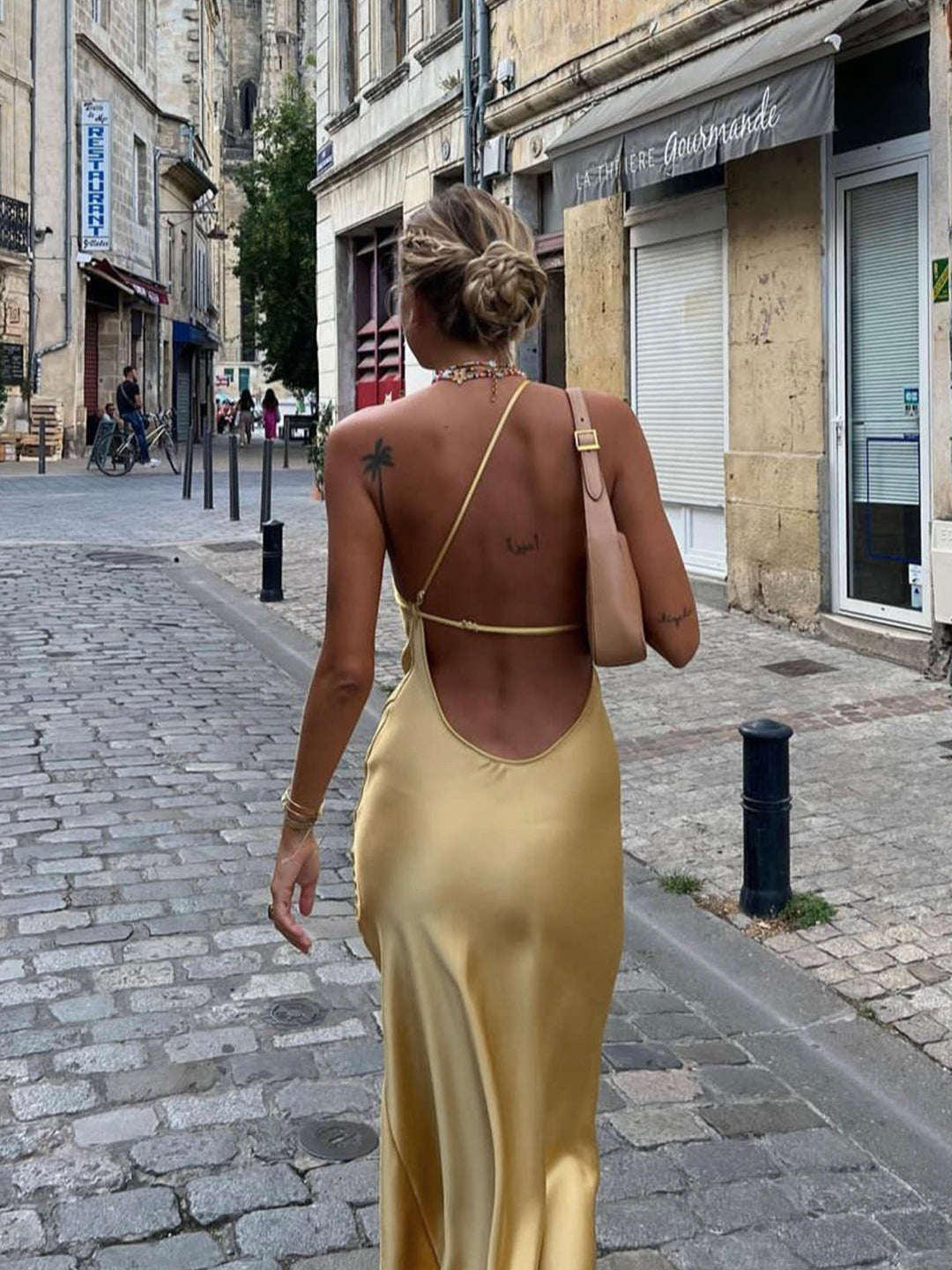 Elegant Backless Satin Floral Maxi Dress for Women with Open Shoulders and Long Skirt, Perfect for Special Occasions