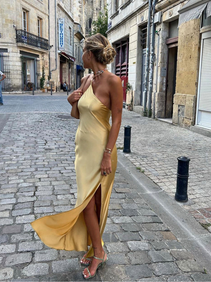 Elegant Backless Satin Floral Maxi Dress for Women with Open Shoulders and Long Skirt, Perfect for Special Occasions