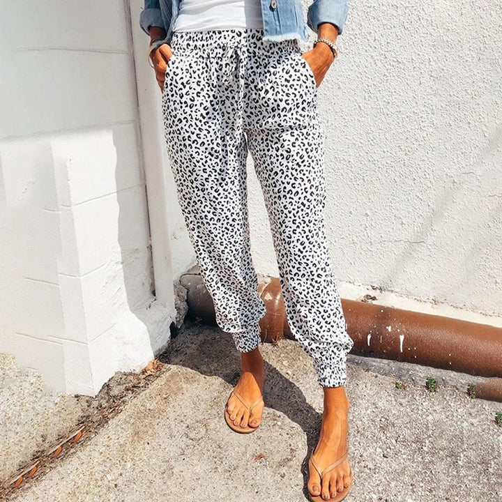 Breathable women’s jogger pants – casual leopard print, polyester, for leisure activities