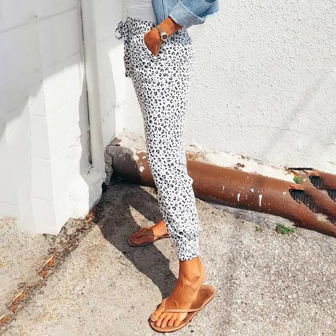 Breathable women’s jogger pants – casual leopard print, polyester, for leisure activities
