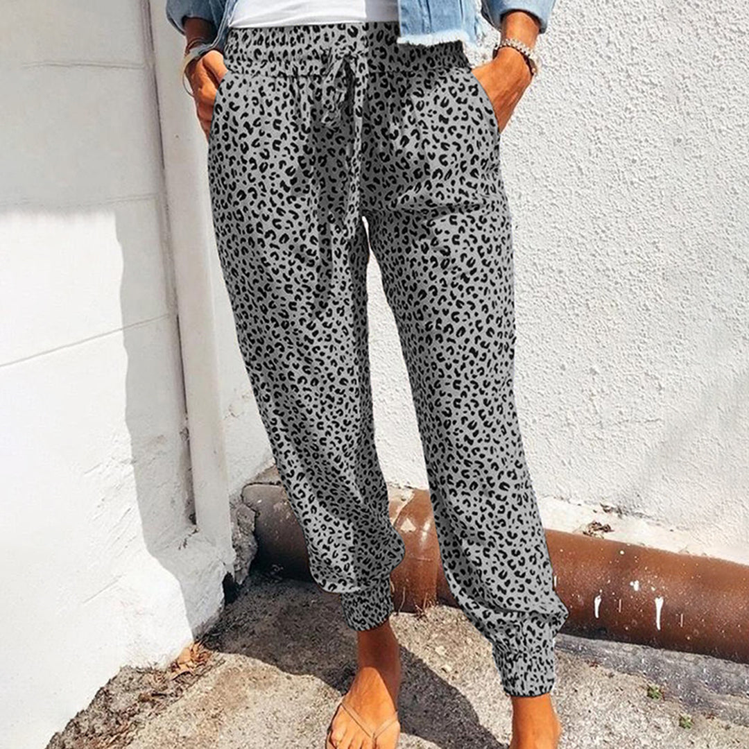 Breathable women’s jogger pants – casual leopard print, polyester, for leisure activities