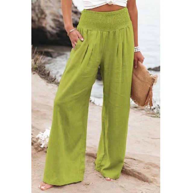 Breathable women’s high-waist pants – relaxed fit, stretchy linen, for office and casual outings
