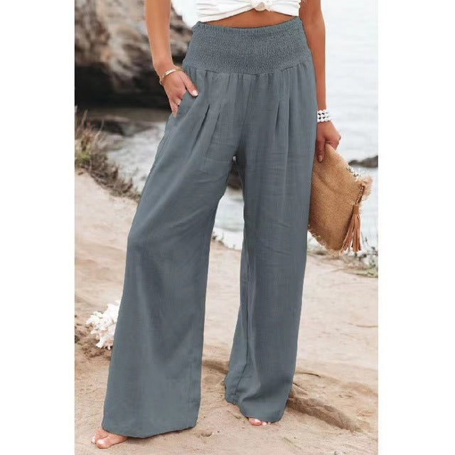 Breathable women’s high-waist pants – relaxed fit, stretchy linen, for office and casual outings