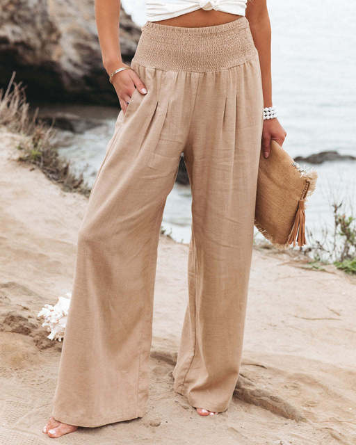 Breathable women’s high-waist pants – relaxed fit, stretchy linen, for office and casual outings