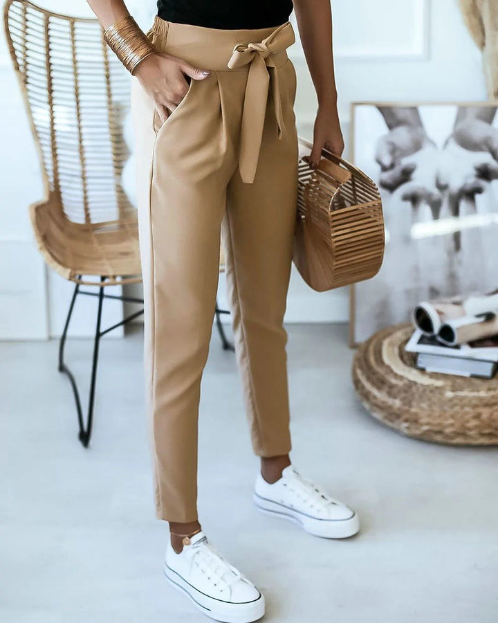 Lightweight &amp; flattering women’s high-waisted trousers – elastic polyester, for casual and office wear