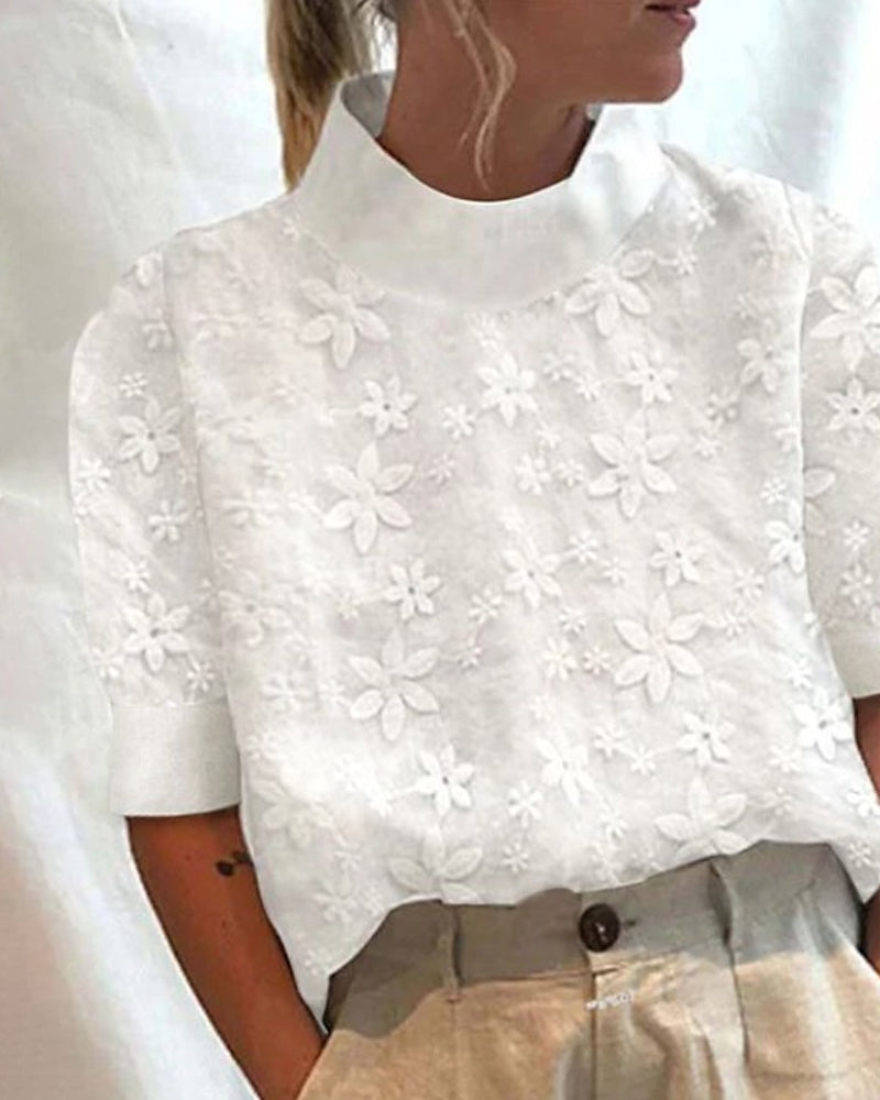 Breathable women’s blouse – embroidered high collar, cotton blend, for everyday and office wear