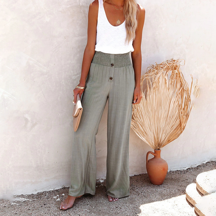 Breathable women’s wide-leg pants – high-waisted, polyester, for versatile occasions