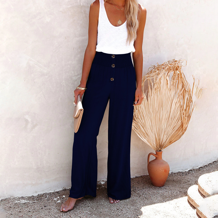 Breathable women’s wide-leg pants – high-waisted, polyester, for versatile occasions
