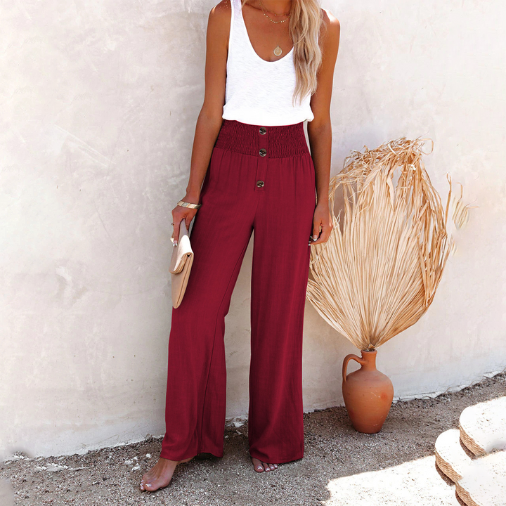 Breathable women’s wide-leg pants – high-waisted, polyester, for versatile occasions