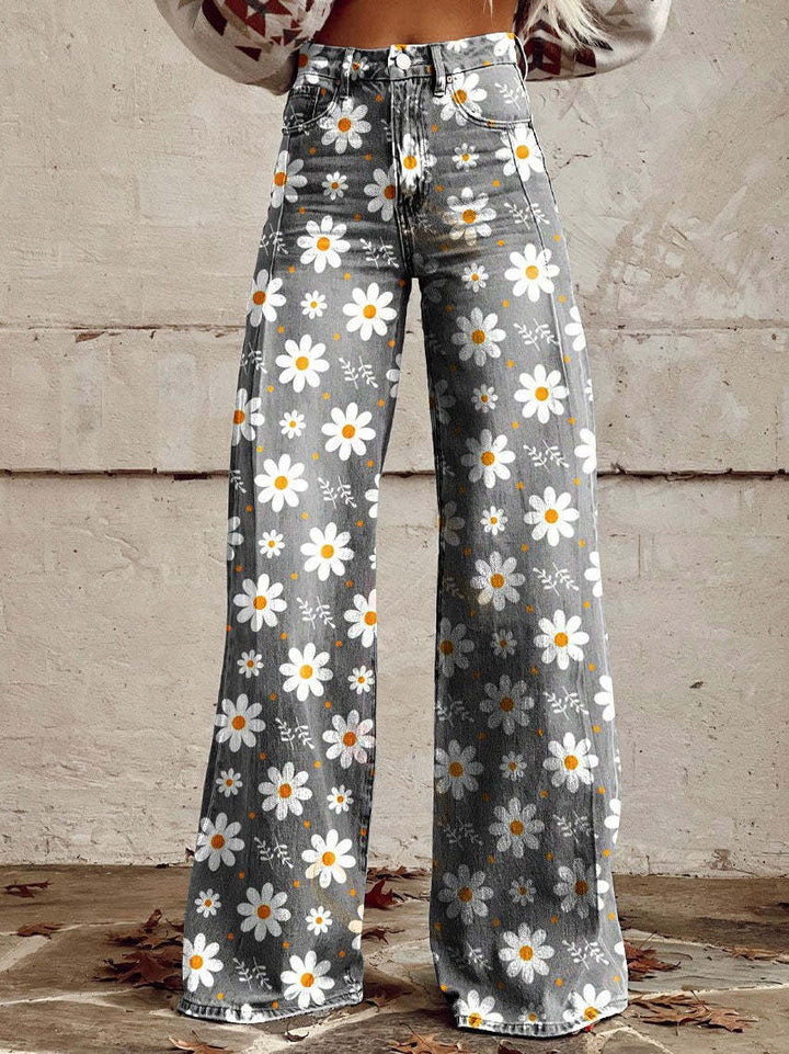 Comfortable women’s wide-leg jeans – floral print design, cotton blend, for casual outings