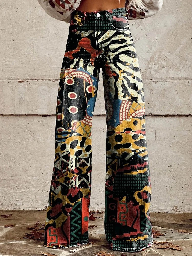 Comfortable women’s wide-leg jeans – floral print design, cotton blend, for casual outings