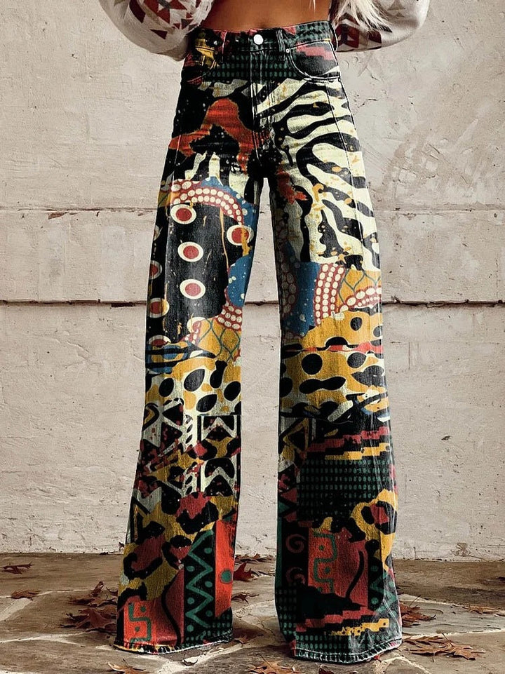 Comfortable women’s wide-leg jeans – floral print design, cotton blend, for casual outings