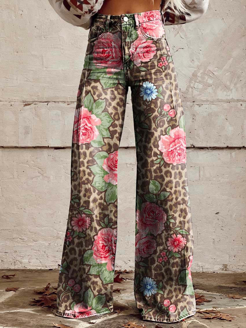 Comfortable women’s wide-leg jeans – floral print design, cotton blend, for casual outings