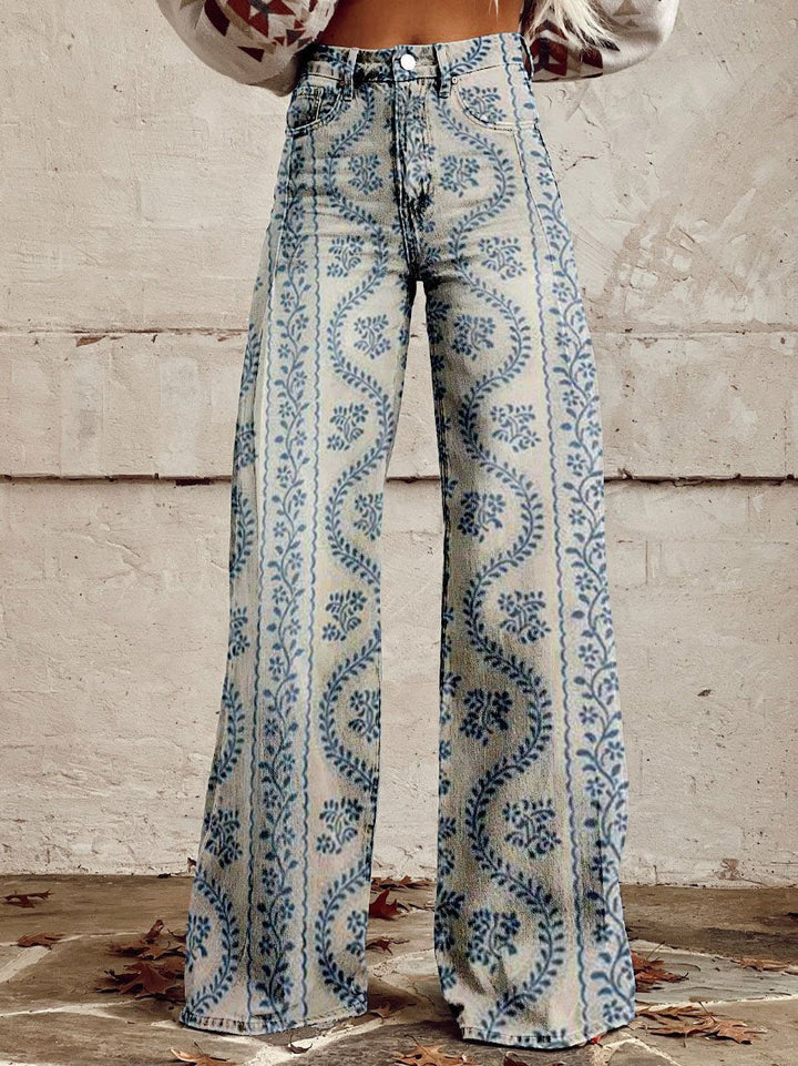 Comfortable women’s wide-leg jeans – floral print design, cotton blend, for casual outings
