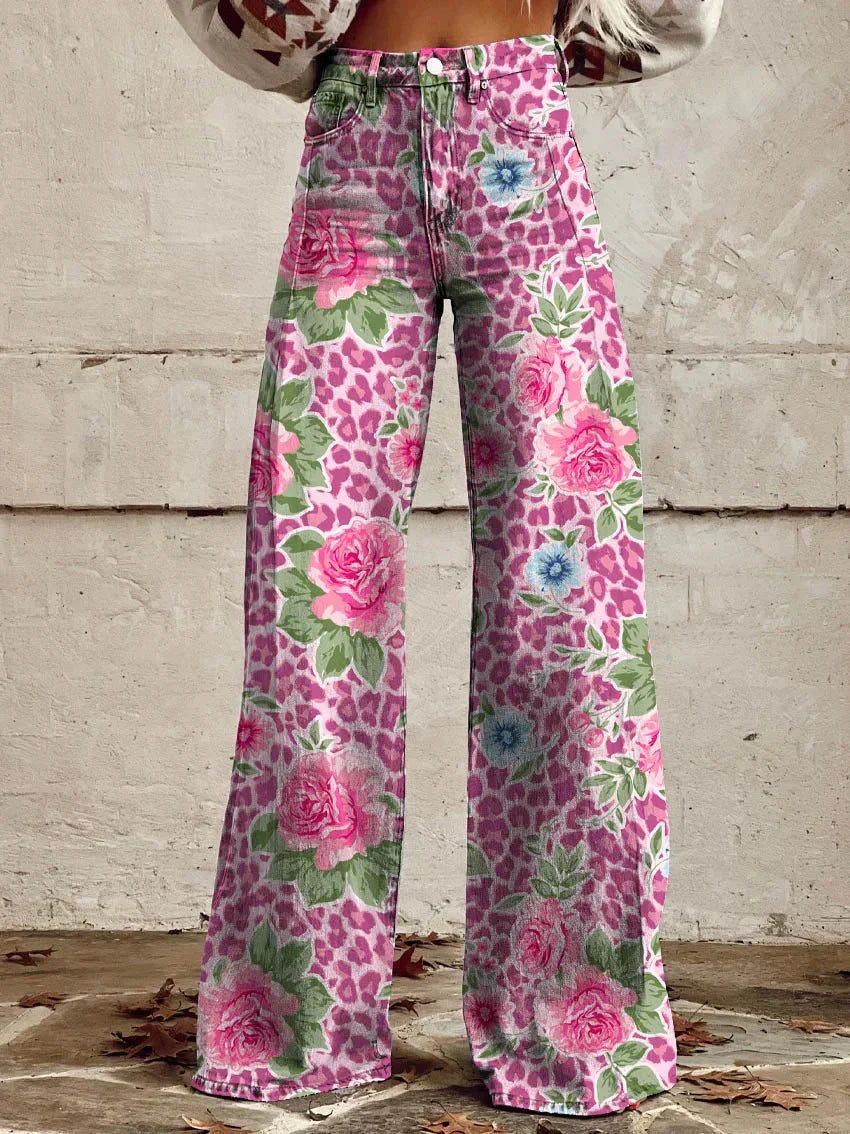 Comfortable women’s wide-leg jeans – floral print design, cotton blend, for casual outings